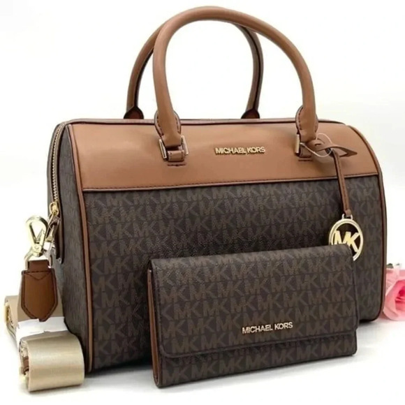 Michael Kors Medium Duffle Satchel Crossbody Bag & Trifold Wallet Brown - Picture 1 of 11